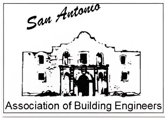 Logo for the San Antonio Association of Building Engineers featuring a stylized illustration of the Alamo.