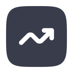 Graph icon showing an upward trend with a jagged line and arrow on a dark rounded square background.