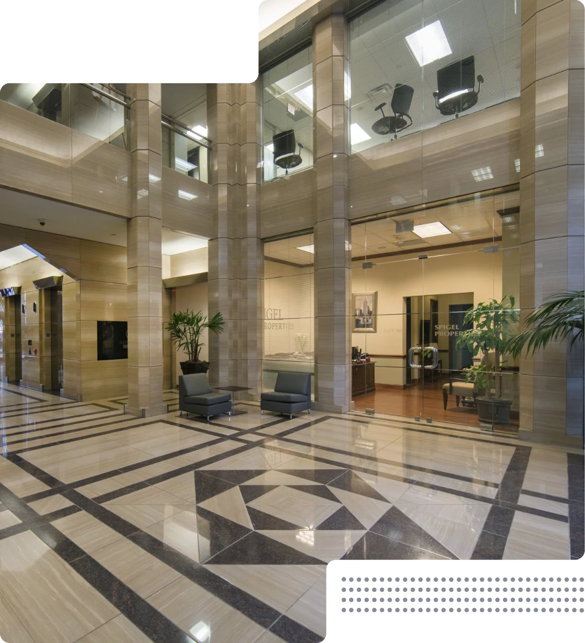Marble office lobby with seating at Renaissance Plaza, San Antonio