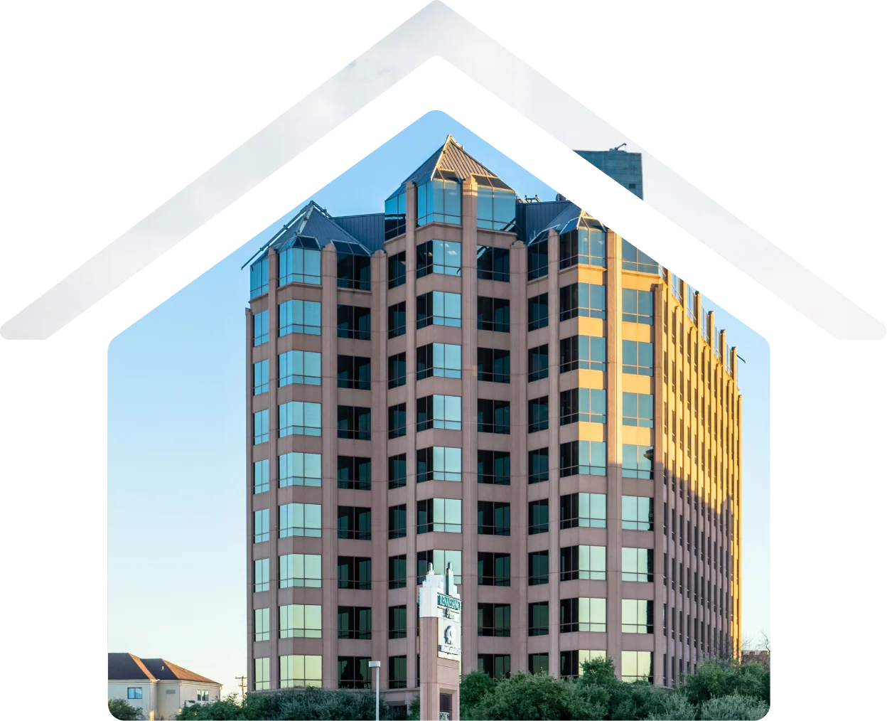 Renaissance Plaza office tower in San Antonio framed in a house shape